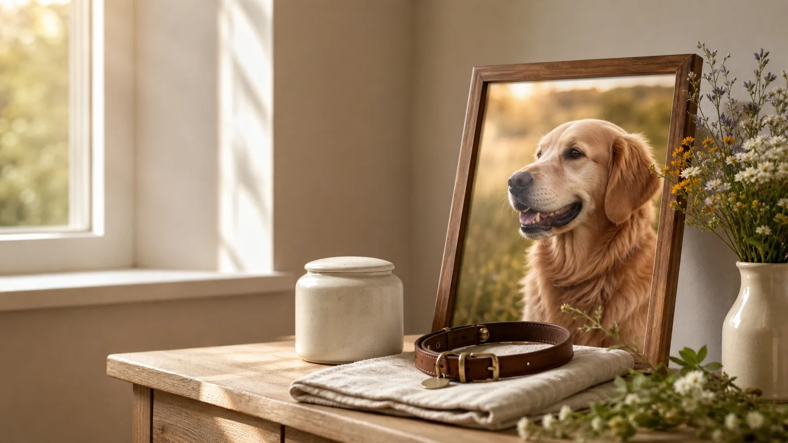 Dog remembrance objects — AI-created editorial image, not a provider or facility